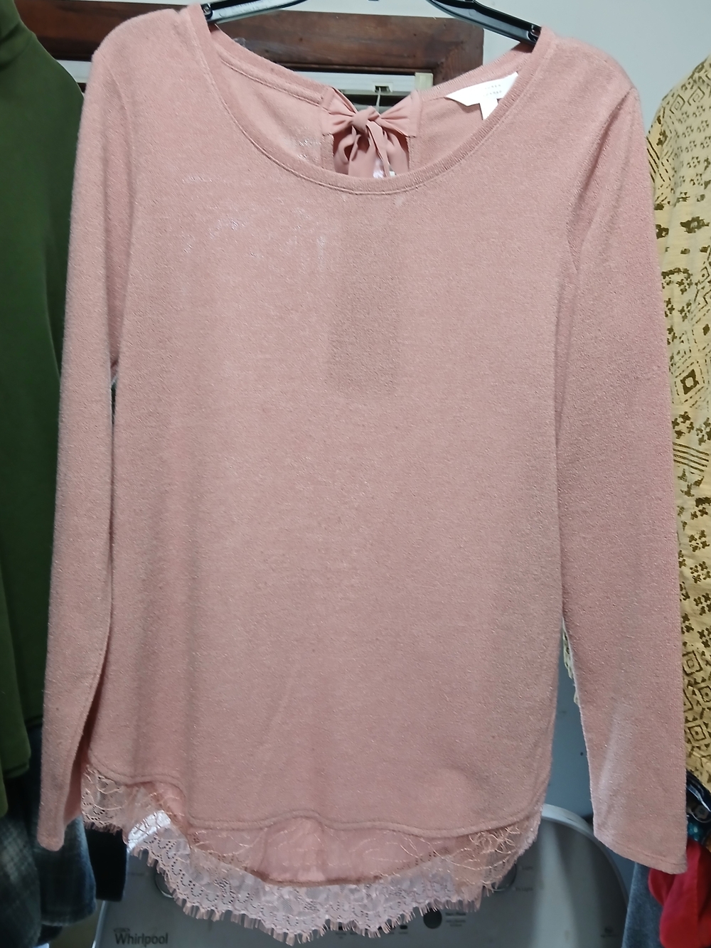 Lauren Conrad Women's Pink Lace-Hem Long Sleeve Top With Bow On Back Sz L